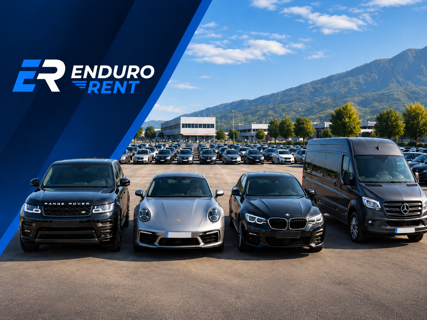Ilustración de compraventa de vehículos con la marca Enduro Rent y una campa multimarca